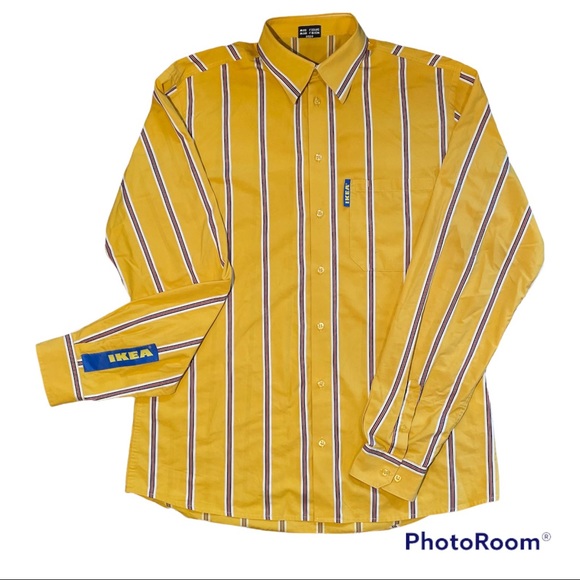 IKEA Employee Uniform Work Yellow Striped Button Dress Shirt Size Medium Large - Picture 1 of 11
